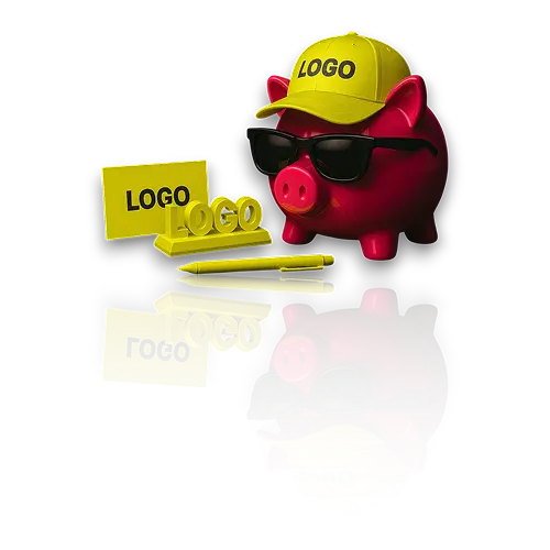 A fun, stylish piggy bank wearing sunglasses and a yellow cap with the word LOGO, surrounded by branded yellow items like pens, nameplates, and business cards. Reflects Blomwe’s creative and affordable branding services.