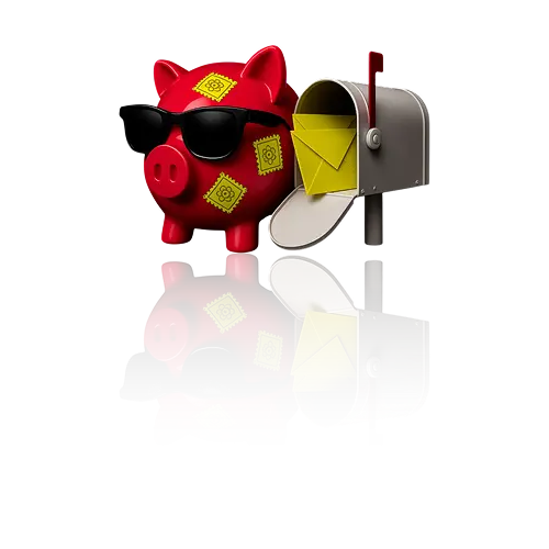 A stylish piggy bank with sunglasses and yellow stamps, standing next to an open mailbox filled with yellow envelopes—symbolizing email campaigns and affordable marketing services.