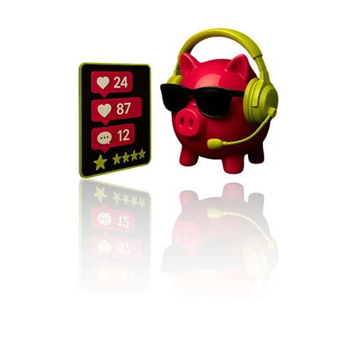 A trendy pink piggy bank wearing a headset and sunglasses, next to a social media stats board showing likes, comments, and ratings. Represents fun, affordable social media management.