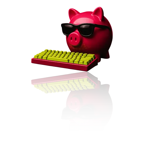 A cool pink piggy bank with sunglasses and a yellow cap labeled “LOGO,” surrounded by yellow web-themed props like branded nameplates, pens, and business cards—symbolizing affordable custom website design.