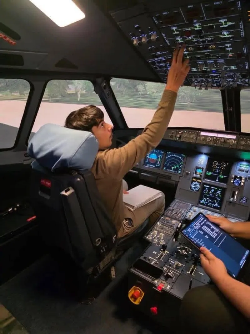 Pilot reaching for the overhead panel during pre-flight checks